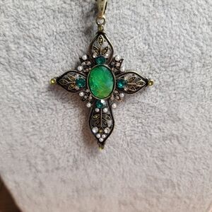 Jeweled Green Acrylic and Glass Bead Gold-toned Pendant and Long Necklace